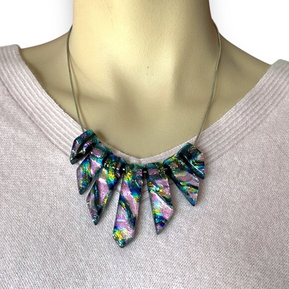 Asymmetric Colorful Glass Slider Pendant Sterling Silver Cocoon Chain Necklace - Picture 4 of 10